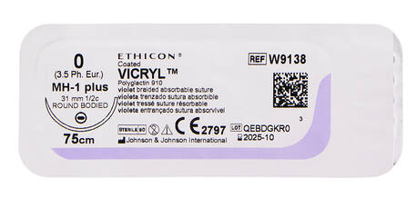 Ethicon Vicryl 0 Шовний матеріал фіолетовий 75 см, голка 31 мм 1/2 кола W9138 1 шт
