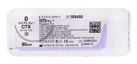 Ethicon Vicryl 0 Шовний матеріал фіолетовий 90 см, колюча голка 48 мм 1/2 кола W9450 1 шт