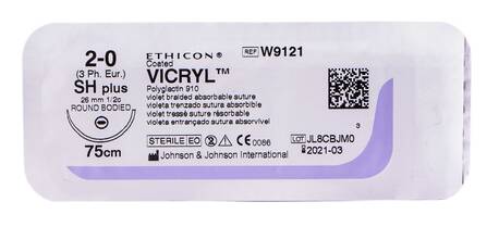 Ethicon Vicryl 2-0 Шовний матеріал фіолетовий 75 см, колюча голка 26 мм 1/2 кола W9121 1 шт