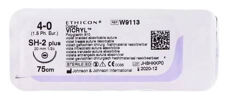 Ethicon Vicryl 4-0 Шовний матеріал фіолетовий 75 см, колюча голка 20 мм 1/2 кола W9113 1 шт