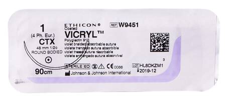 Ethicon Vicryl 1 Шовний матеріал фіолетовий 90 см, колюча голка 48 мм 1/2 кола W9451 1 шт