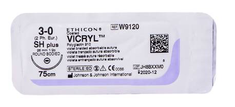 Ethicon Vicryl 3-0 Шовний матеріал фіолетовий 75 см, колюча голка 26 мм 1/2 кола W9120 1 шт