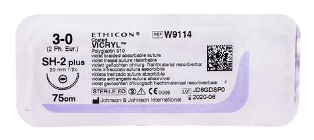 Ethicon Vicryl 3-0 Шовний матеріал фіолетовий 75 см, колюча голка 20 мм 1/2 кола W9114 1 шт