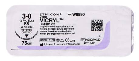 Ethicon Vicryl 3-0 Шовний матеріал фіолетовий 75 см, колюча голка 26 мм 3/8 кола W9890 1 шт