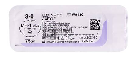 Ethicon Vicryl 3-0 Шовний матеріал фіолетовий 75 см, колюча голка 31 мм 1/2 кола W9130 1 шт