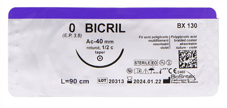 BioSintex BICRIL 0 Шовний матеріал фіолетовий 90 см, голка 40 мм 1/2 кола BX130 1 шт