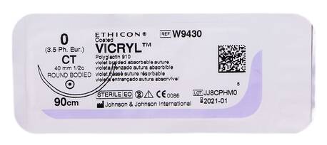 Ethicon Vicryl 0 Шовний матеріал фіолетовий 90 см, колюча голка 40 мм 1/2 кола W9430 1 шт loading=