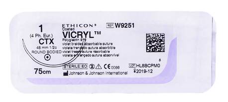 Ethicon Vicryl 1 Шовний матеріал фіолетовий 75 см, колюча голка 48 мм 1/2 кола W9251 1 шт