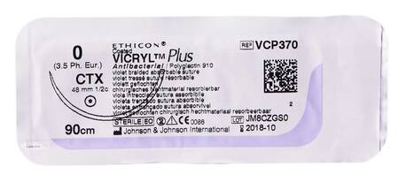 Ethicon Vicryl Plus 0 Шовний матеріал фіолетовий 90 см, колюча голка 48 мм 1/2 кола VCP370 1 шт
