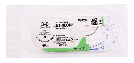 Ethicon Ethilon 3-0 Шовний матеріал синій 45 см, голка зворотньо-ріжуча FS 26 мм W320 1 шт