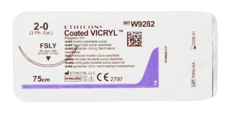Ethicon Vicryl 2-0 Шовний матеріал 75 см фіолетовий, зворотньо-ріжуча 45 мм 3/8 кола W9282 1 шт loading=