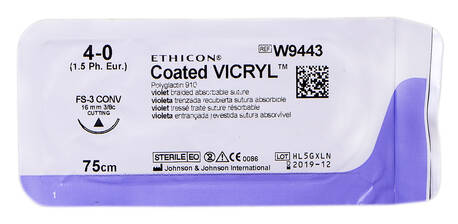 Ethicon Vicryl 4-0 Шовний матеріал фіолетовий 75 см, ріжуча голка 16 мм 3/8 кола W9443 1 шт loading=