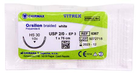 Chirmax Orsilon 2-0 Шовний матеріал білий 75 см, голка HS 30 мм 1/2 кола 6367 1 шт loading=