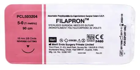 Meril Filapron 5/0 Шовний матеріал 90 см фіолетовий, колюча голка 16 мм 3/8 кола PCL503204 1 шт
