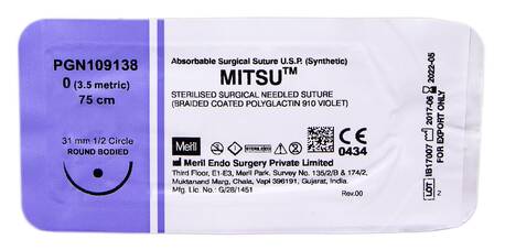Meril Mitsu 0 Шовний матеріал 75 см фіолетовий, колюча голка 31 мм 1/2 кола PGN109138 1 шт