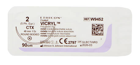 Ethicon Vicryl 2-0 Шовний матеріал фіолетовий 90 см, колюча голка 48 мм 1/2 кола W9452 1 шт