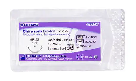 Chirmax Chirasorb 4-0 Шовний матеріал фіолетовий 75 см, голка колюча HR 22 мм LV0261 1 шт