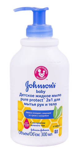 Johnson’s Baby Pure Protect Рідке мило 2 в 1 з екстрактом зеленого чаю 300 мл 1 флакон з дозатором