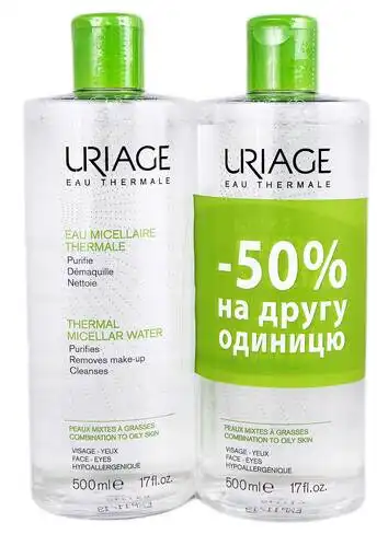Uriage Міцелярна термальна вода для комбінованої та жирної шкіри Дуо 2х500 мл 1 набір