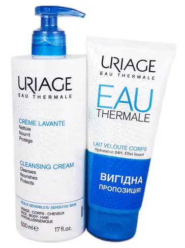 Uriage Очищуючий крем 500 мл + Eau Thermale шовковисте молочко для тіла 200 мл 1 набір