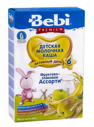 Bebi Premium Каша молочна фруктово-злакове асорті з 6 місяців 250 г 1 коробка