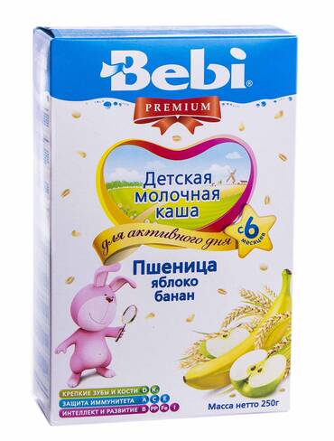 Bebi Premium Каша молочна пшениця, яблуко, банан з 6 місяців 250 г 1 коробка