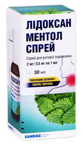 Лідоксан ментол спрей для ротової порожнини 2 мг/0,5 мг на 1 мл  30 мл 1 флакон