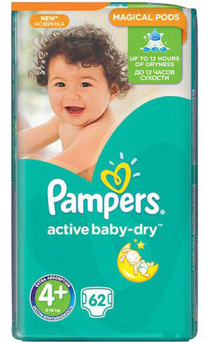 Pampers Active Baby-Dry 4+ Maxi Plus Підгузки дитячі 9-16 кг 62 шт