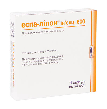 Еспа-ліпон ін'єкц. 600 розчин для ін'єкцій 25 мг/мл 24 мл 5 ампул