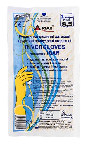 Igar RiverGloves Рукавички латексні хірургічні припудрені стерильні 8,5 1 пара