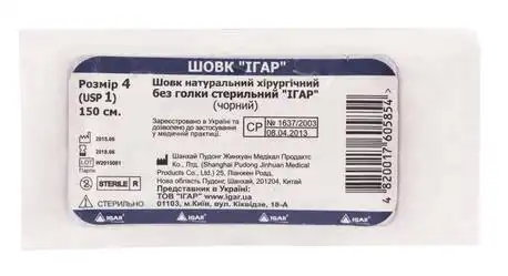 Igar Шовк Шовний матеріал натуральний хірургічний без голки стерильний чорний розмір 4 USP 1 150 см 1 шт