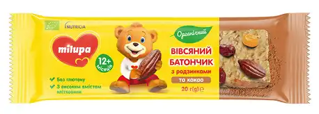 Milupa Батончик вівсяний органічний з родзинками та какао для дітей від 12 місяців 20 г