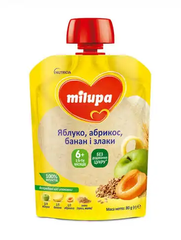 Milupa Пюре Яблуко, абрикос, банан, просо, жито з 6 місяців 80 г 1 пауч