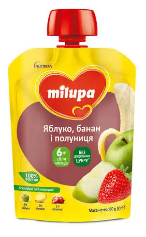 Milupa Пюре Яблуко, банан і полуниця з 6 місяців 80 г 1 пауч