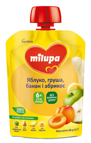 Milupa Пюре Яблуко, груша, банан і абрикос з 6 місяців 80 г 1 пауч loading=