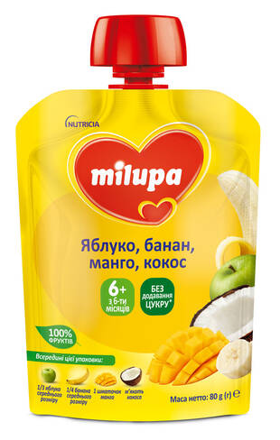Milupa Пюре Яблуко, банан, манго з кокосовим молоком з 6 місяців 80 г 1 пауч loading=