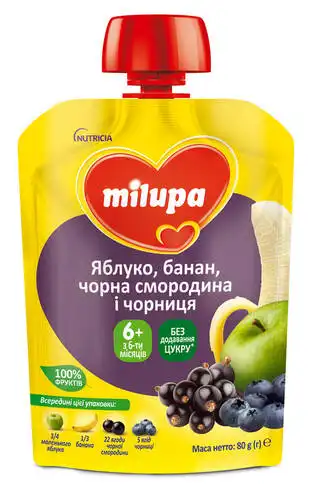 Milupa Пюре Яблуко, банан, чорна смородина та чорниця з 6 місяців 80 г 1 пауч