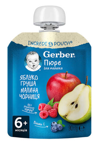 Gerber Пюре Яблуко, груша, малина, чорниця з 6 місяців 90 г 1 пауч loading=