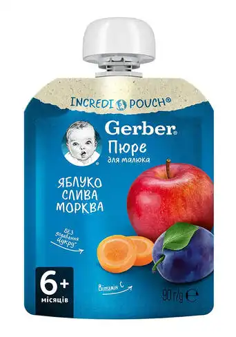 Gerber Пюре Яблуко, слива, морква з 6 місяців 90 г 1 пауч