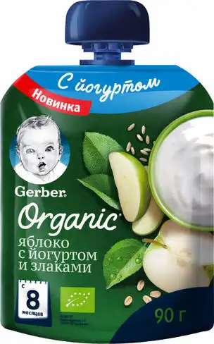 Gerber Organic Пюре Яблуко з йогуртом і злаками з 8 місяців 90 г 1 пауч