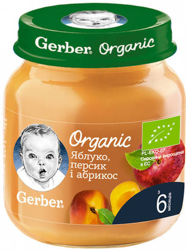 Gerber Organic Пюре Яблуко, персик і абрикос з 6 місяців 125 г 1 банка loading=