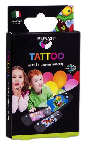 Milplast KIDS TATOO Набір Пластирі дитячі стерильні Тату 6x2см + 7x3,8см 16 шт