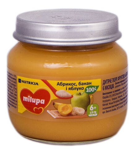 Milupa Пюре Абрикос, банан і яблуко з 6 місяців 100 г 1 банка loading=