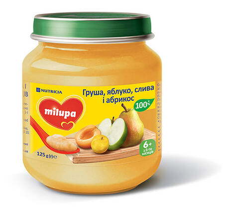 Milupa Пюре Груша, яблуко, слива і абрикос від 6 місяців 125 г 1 банка