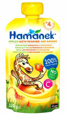 Hamanek Пюре яблуко з персиком та бананом від 4 місяців 120 г 1 пауч