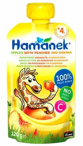 Hamanek Пюре яблуко з персиком та бананом від 4 місяців 120 г 1 пауч
