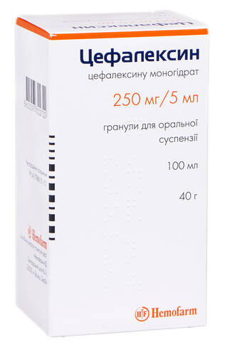 Цефалексин гранули для оральної суспензії 250 мг/5 мл 100 мл 1 флакон