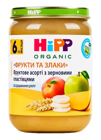HiPP Пюре Фруктове асорті із зерновими пластівцями з 6 місяців 190 г 1 банка