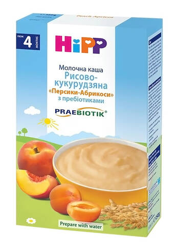 HiPP Каша молочна Рисово-кукурудзяна Персики-абрикоси з пребіотиками з 4 місяців 250 г 1 коробка loading=