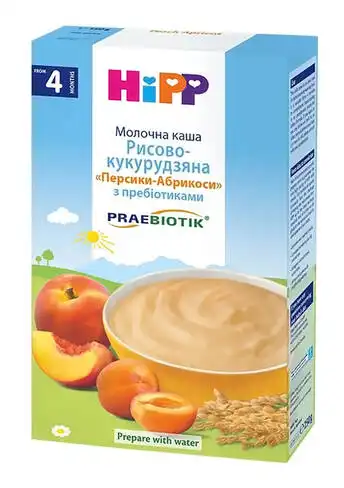 HiPP Каша молочна Рисово-кукурудзяна Персики-абрикоси з пребіотиками з 4 місяців 250 г 1 коробка